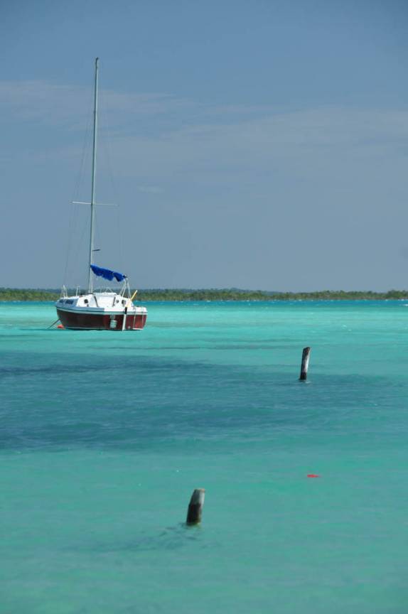 Cores do caribe na água doce da laguna Bacalar, no sul do Yucatán, no México